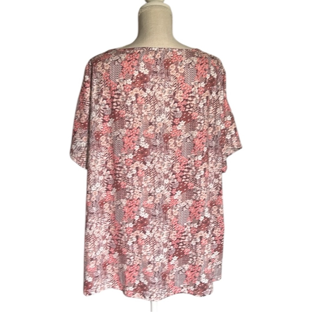 Women Floral Pink & Brown Floral Print Scoop V-Neck Short Sleeve V-neck Top 4XL - Picture 6 of 9